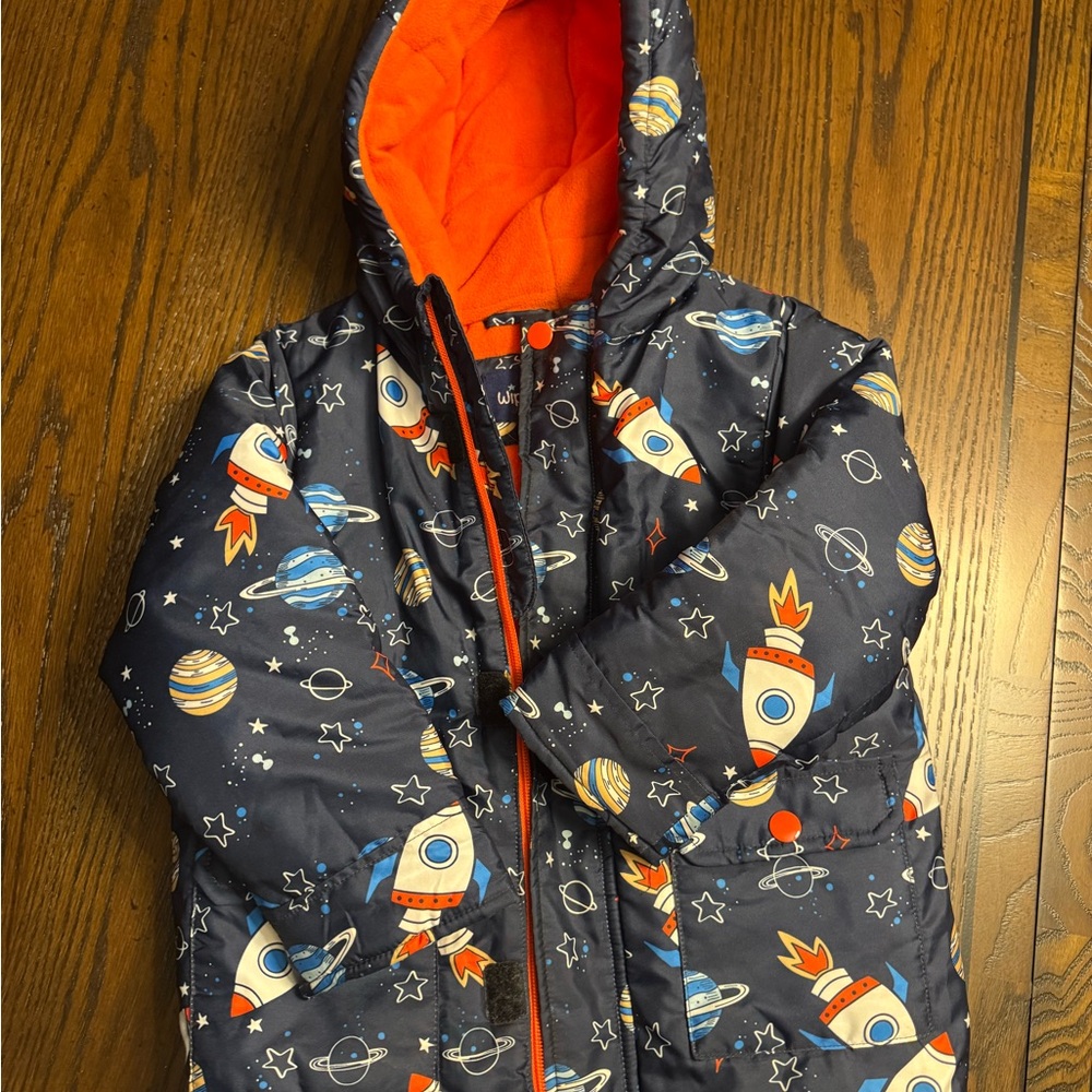 Wippette Kids Rocket Print Puffer Jacket - Navy and Orange